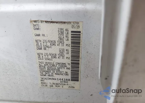 2019 Nissan Murano Sv from USA, damaged, VIN 5N1AZ2MS9KN144388